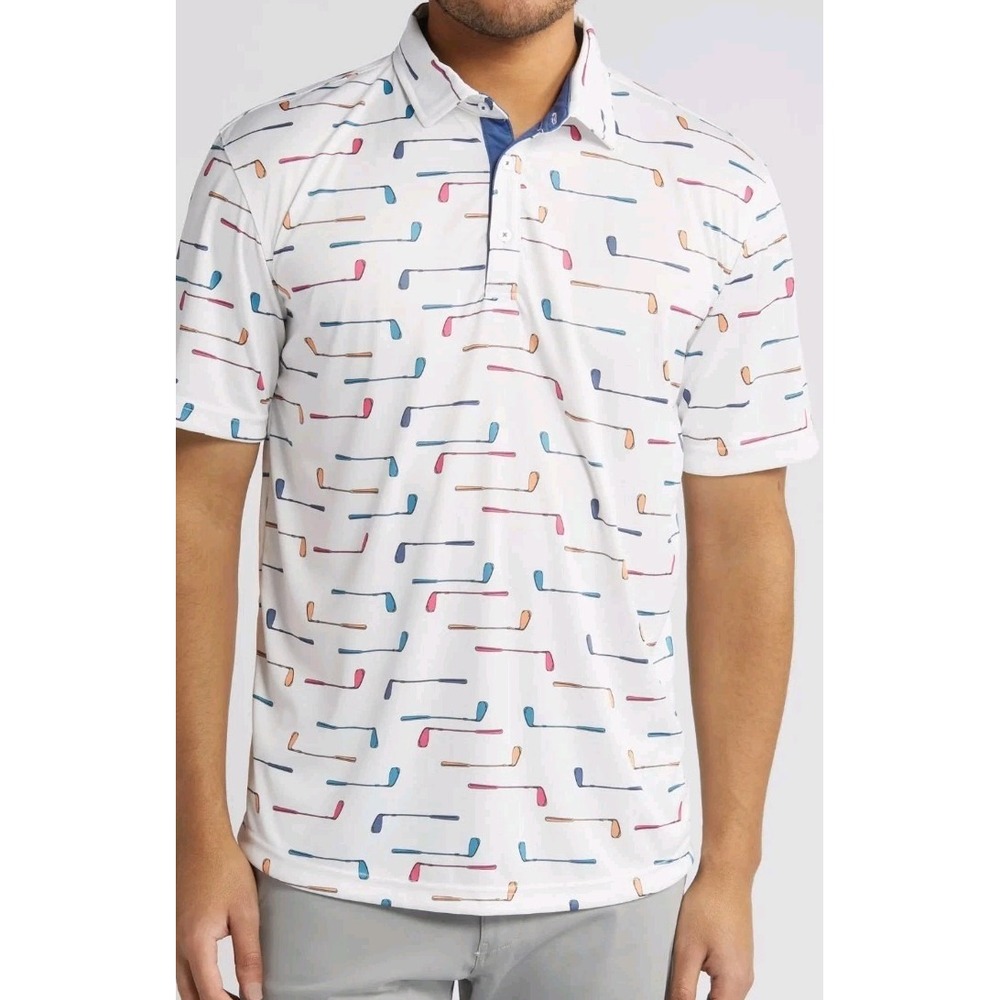 Swannies Golf Polo Shirt Men L Short Slv White Golf Club Colorful Allover Print
